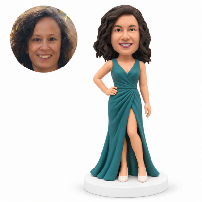 custom bobblehead figure woman in a floor-length wrap gown with one hand on her hip and the other arm down