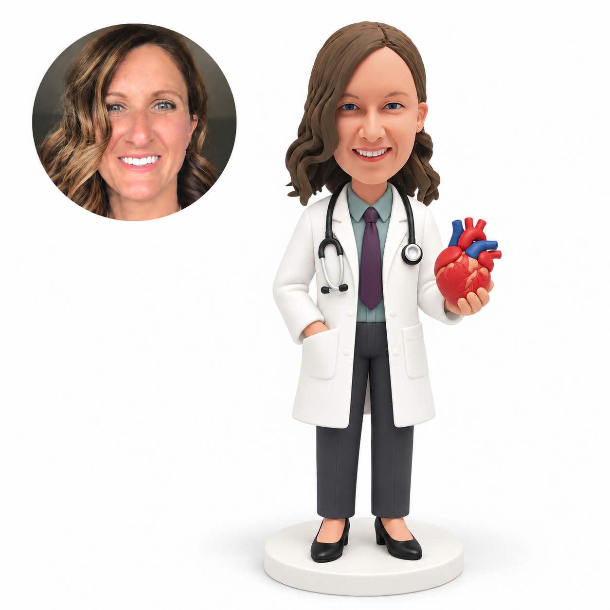 custom bobblehead figure female doctor holding an anatomical heart model