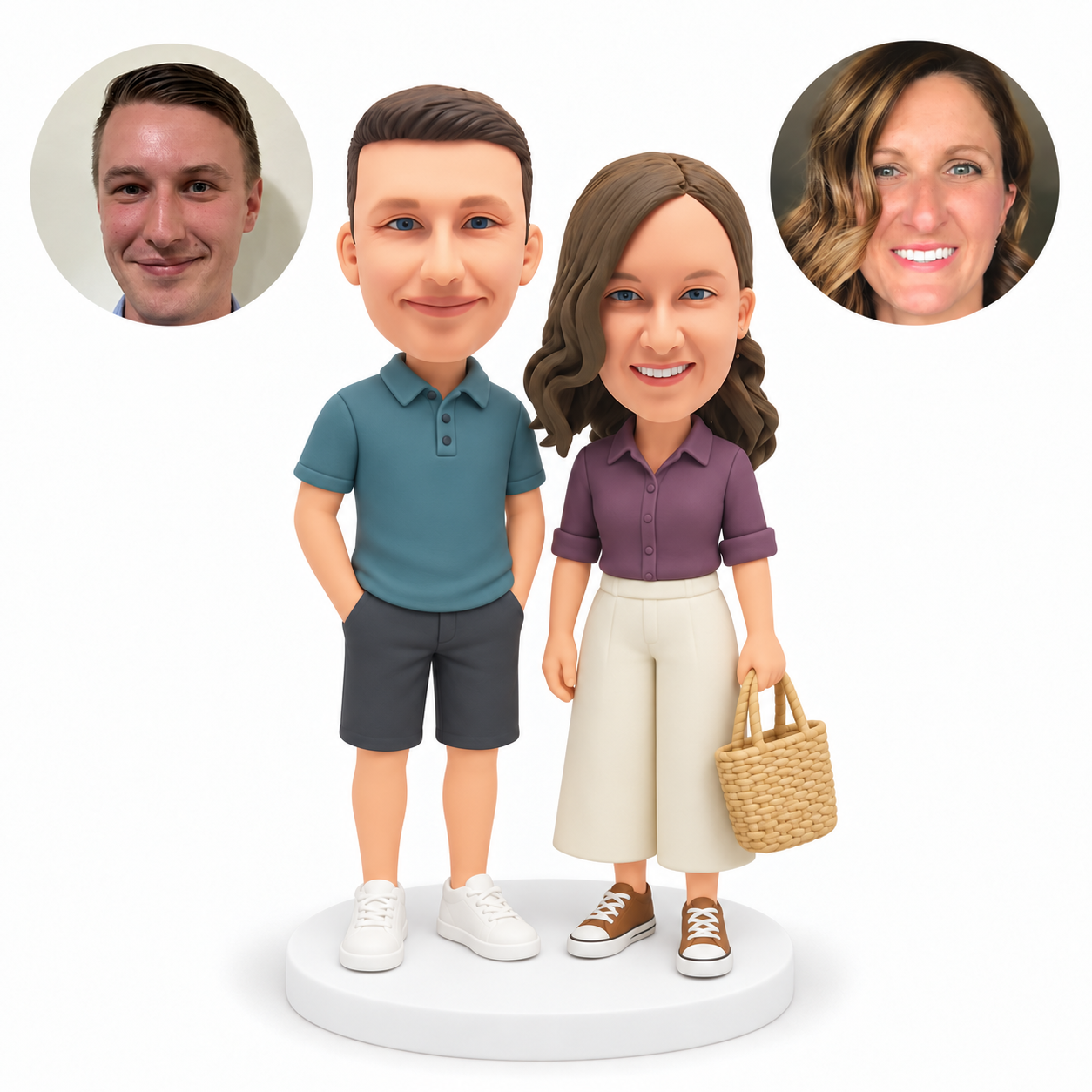 custom bobblehead figures couple with a man in shorts and woman carrying a woven tote