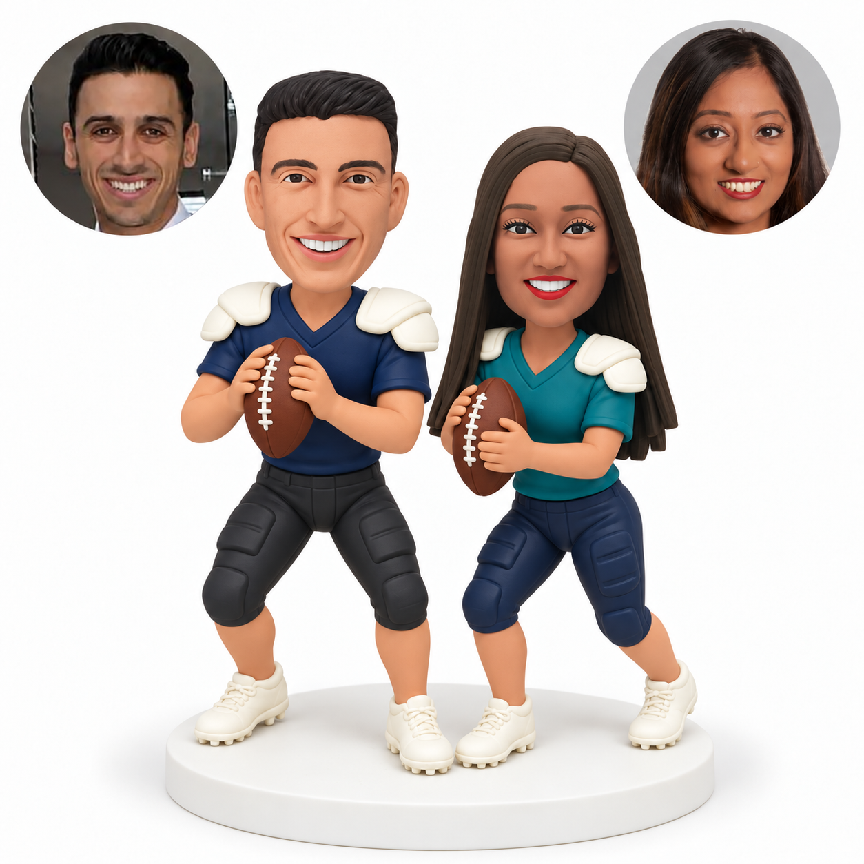 custom bobblehead figures football couple each holding a ball with both hands in a bent knee stance