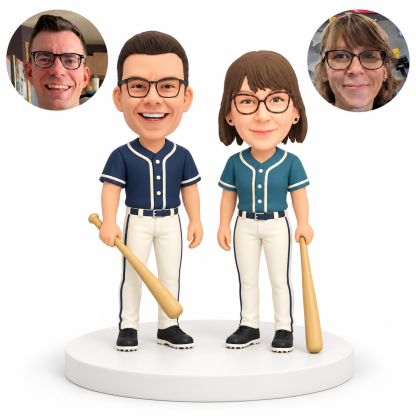 custom bobblehead figures baseball couple standing with each person holding a lowered bat in one hand
