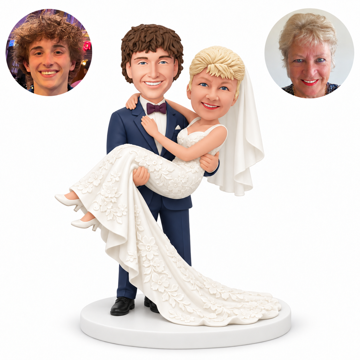 Wedding couple bobbleheads with groom carrying bride and long gown train - MGA-AC1414