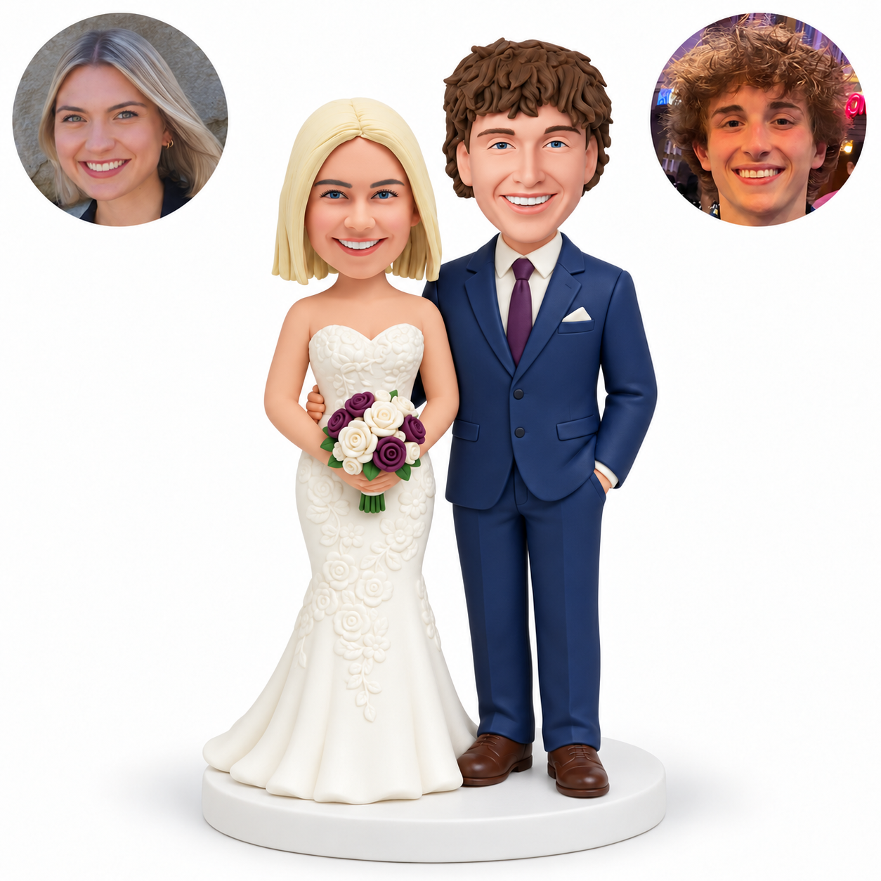 custom bobblehead figures wedding couple with bride holding a bouquet in both hands and groom keeping his outer hand in a pocket and his inner arm around her waist - MGA-AC1423