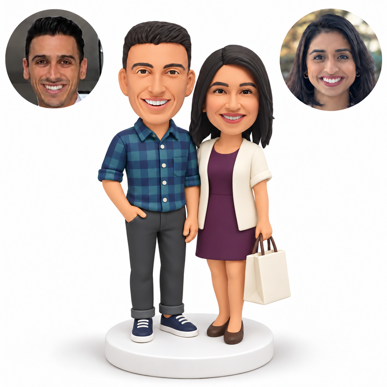 Two custom polymer clay bobblehead figures with matching photo portraits MGA-AC1442
