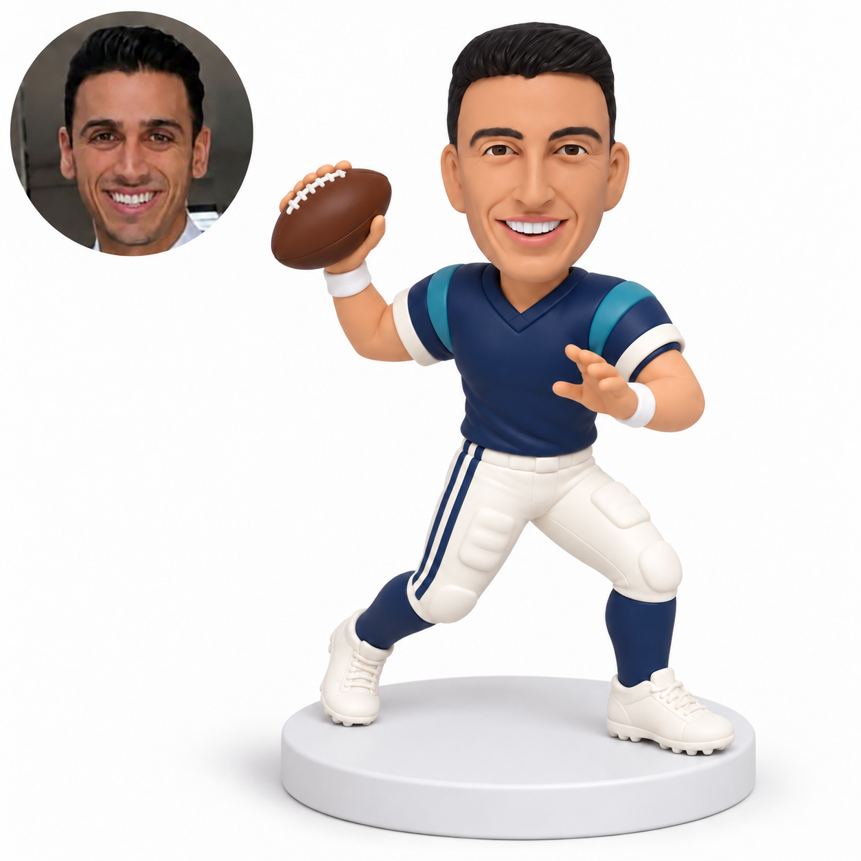 custom bobblehead figure male football player raising a ball beside his shoulder with his other palm open in a forward stride