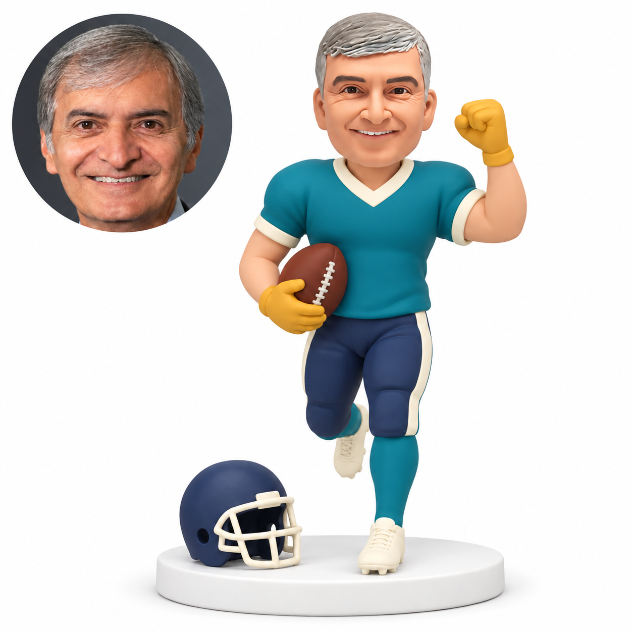 custom bobblehead figure male football player holding a ball at his waist and raising a fist with a lifted leg and a helmet on the base