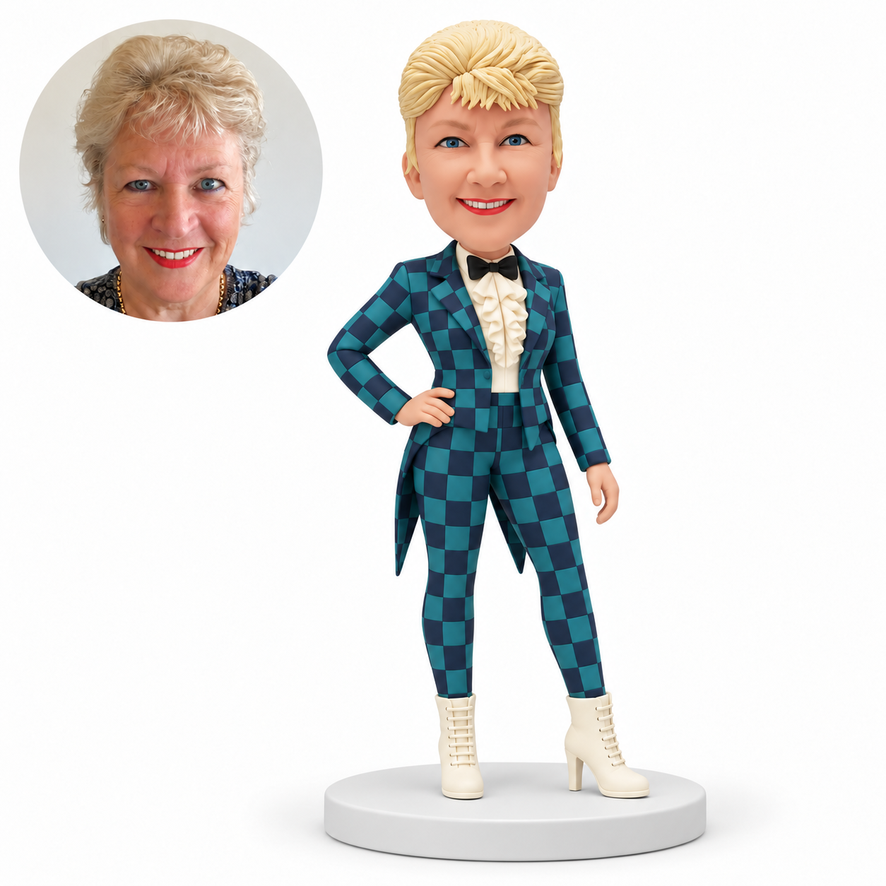 custom bobblehead figure woman in a checked tailcoat and full trousers with a bow tie and one hand on her hip