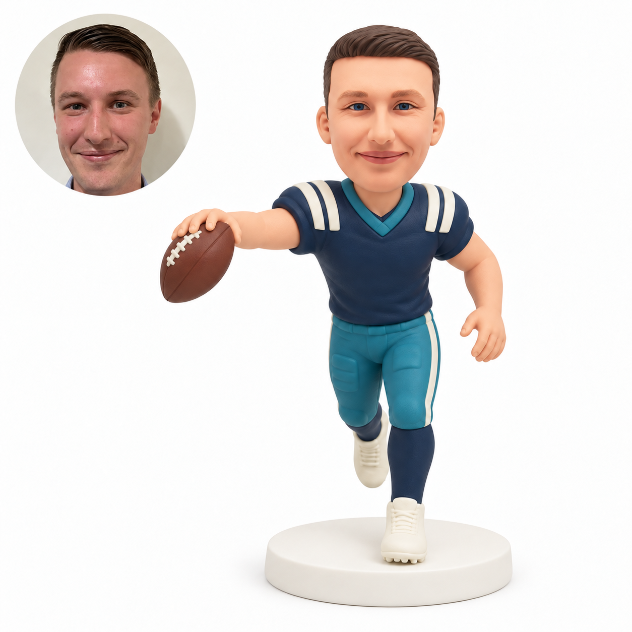 custom bobblehead figure male football player running with a ball extended in his right hand and his left arm bent at his waist with original clay head and matching photograph