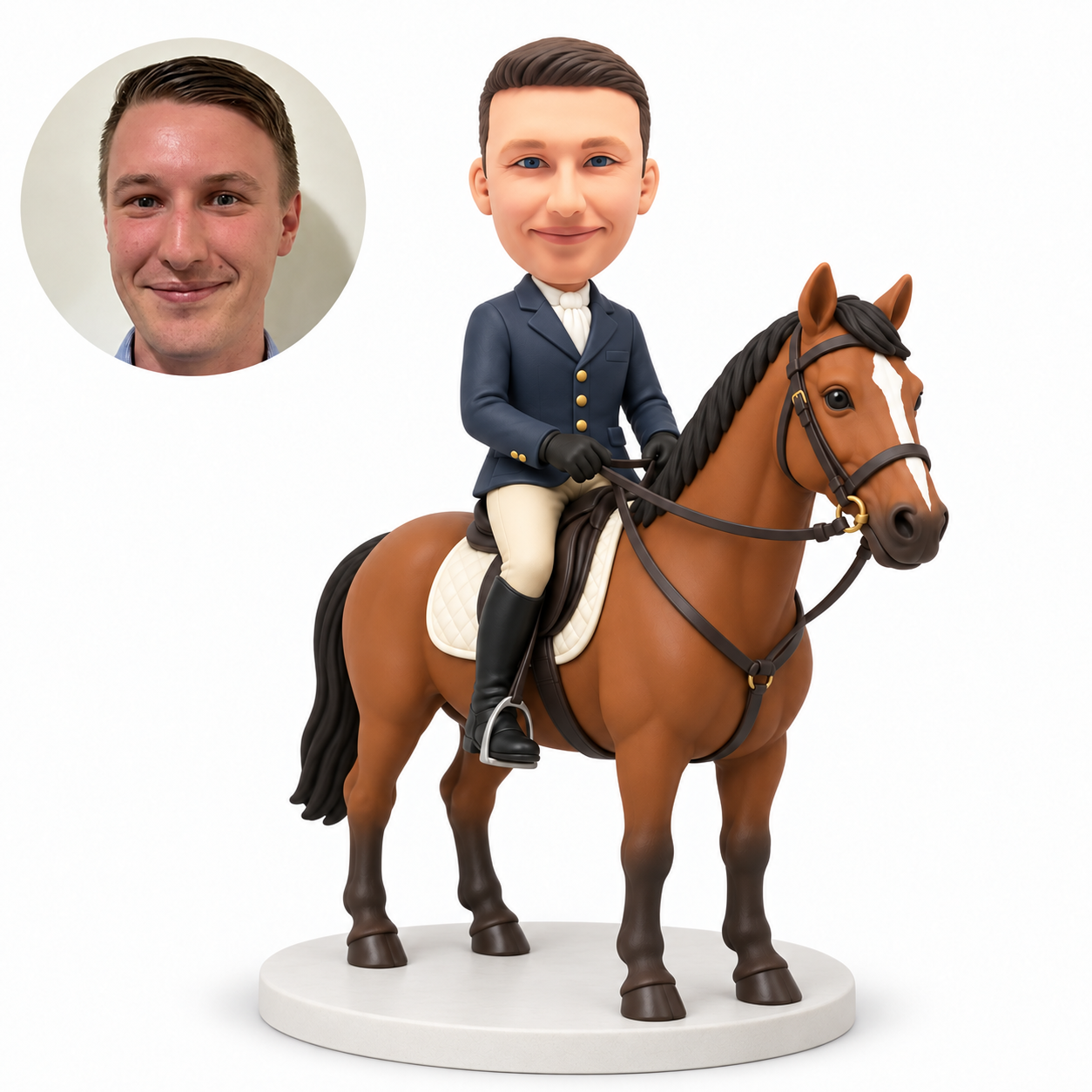 custom bobblehead figure male equestrian in a riding jacket holding the reins on a standing horse