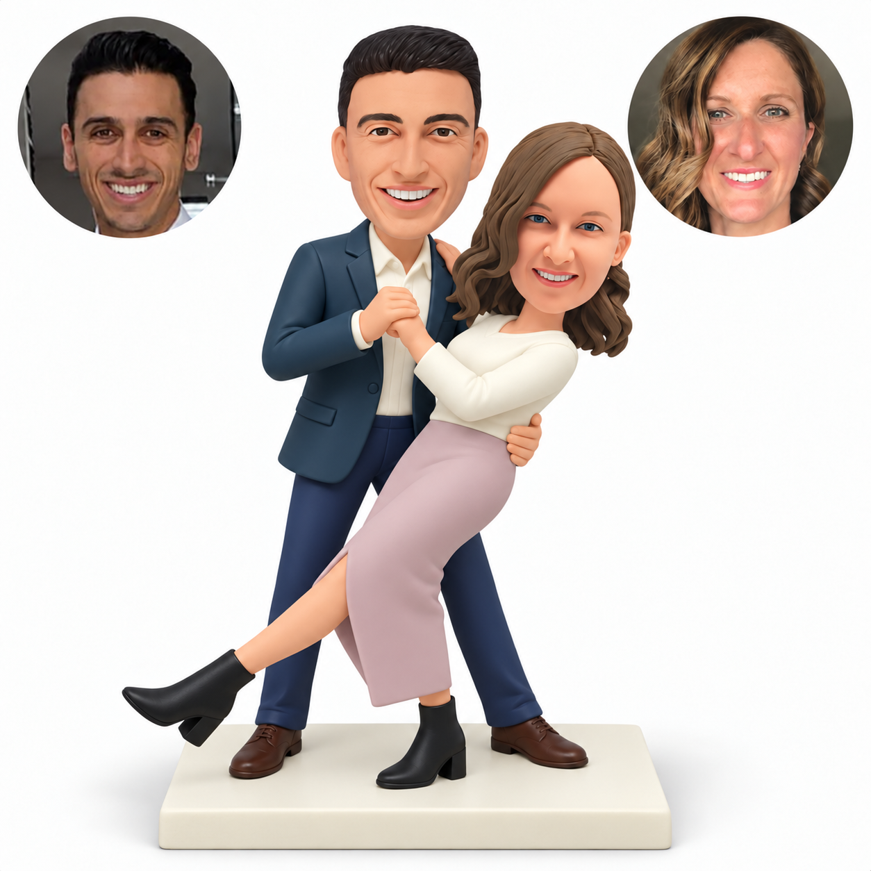 custom bobbleheads figures dancing couple with the woman leaning back and extending one leg while holding the mans hand