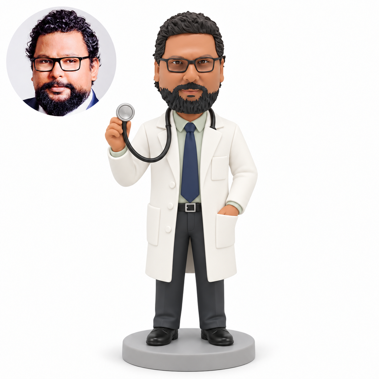 custom bobblehead figure male doctor raising a stethoscope chestpiece with his other hand in his coat pocket
