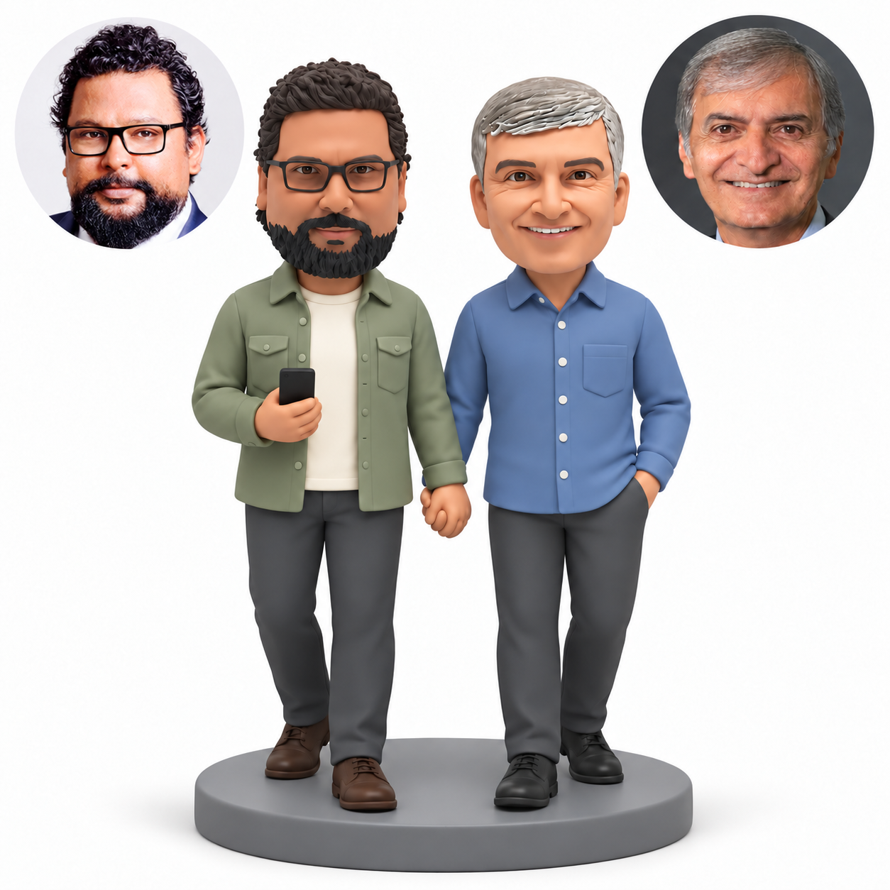 custom bobbleheads figures two men holding hands with one holding a phone and the other keeping his outer hand in his pocket