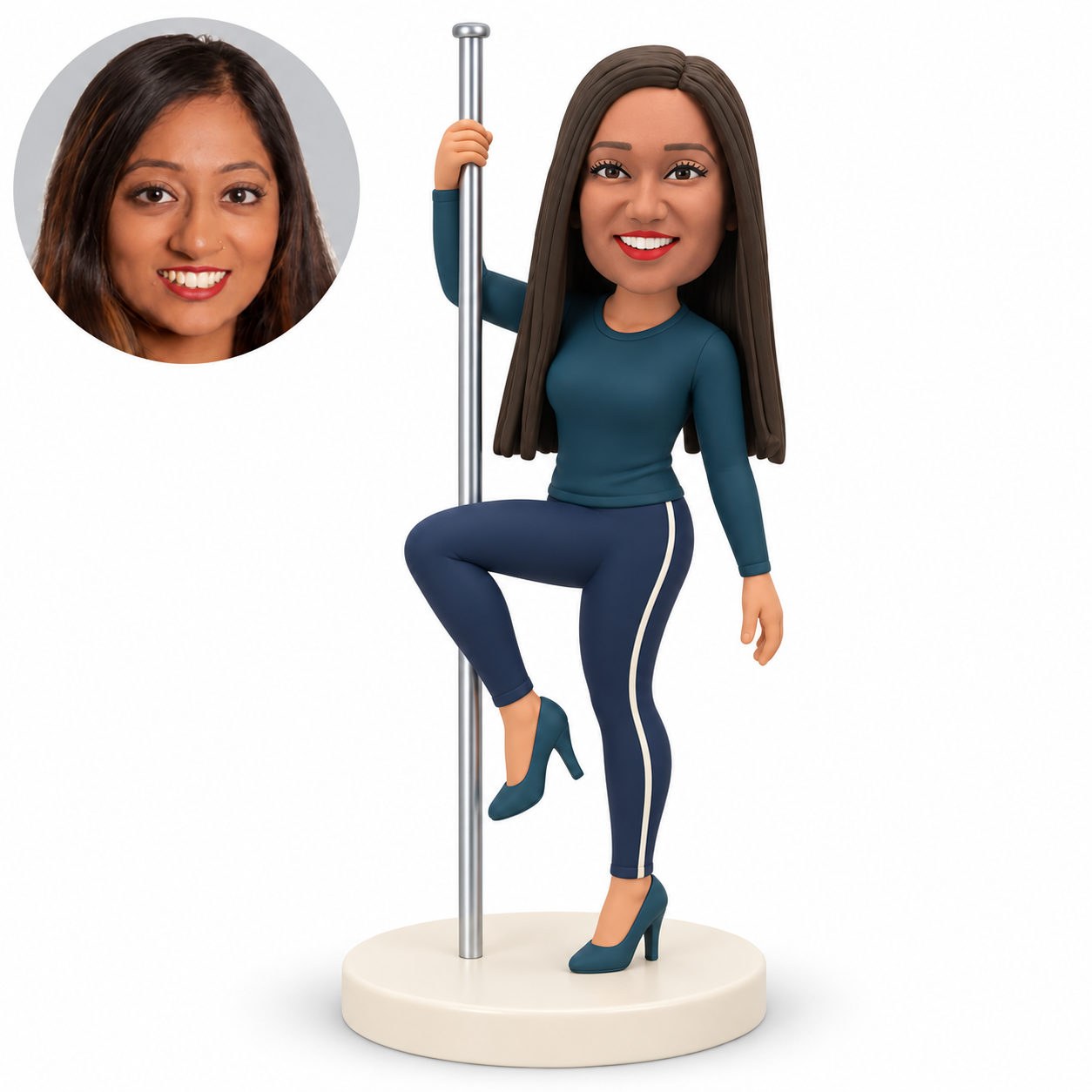 custom bobblehead figure female pole dancer gripping one pole with one raised hand and her other arm down