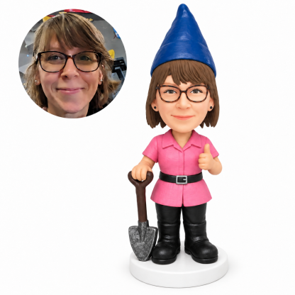 custom bobblehead figure female garden gnome holding a shovel with a thumbs up