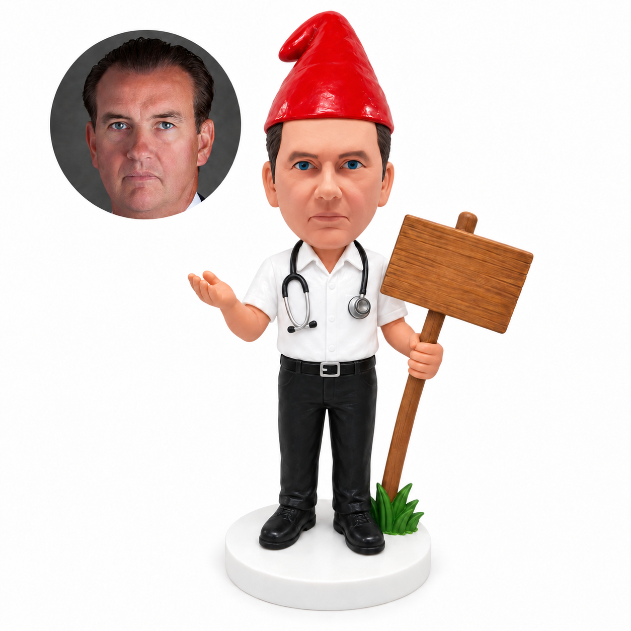custom bobblehead figure doctor garden gnome holding a wooden sign