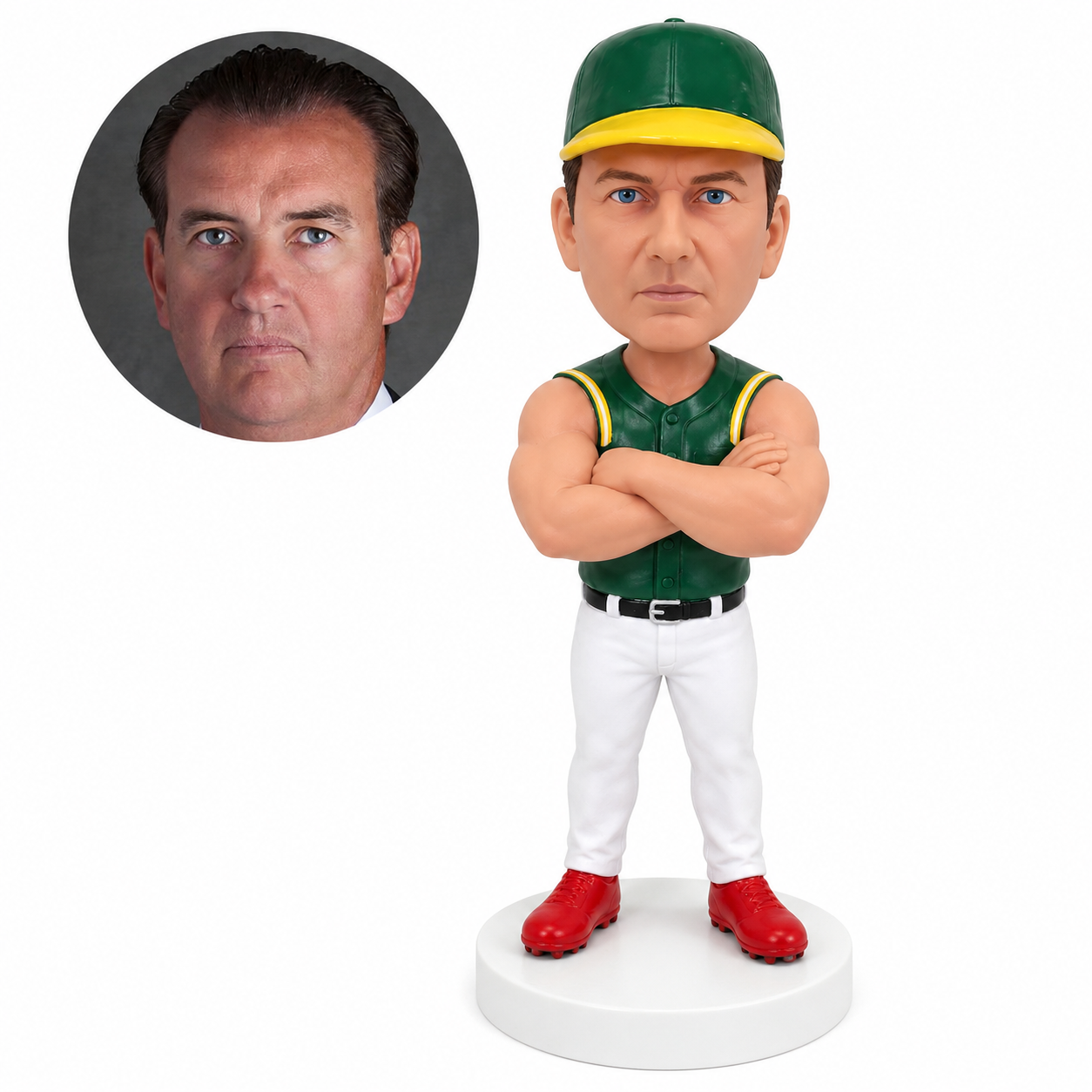 custom bobblehead figure muscular baseball coach in a sleeveless jersey with his arms crossed