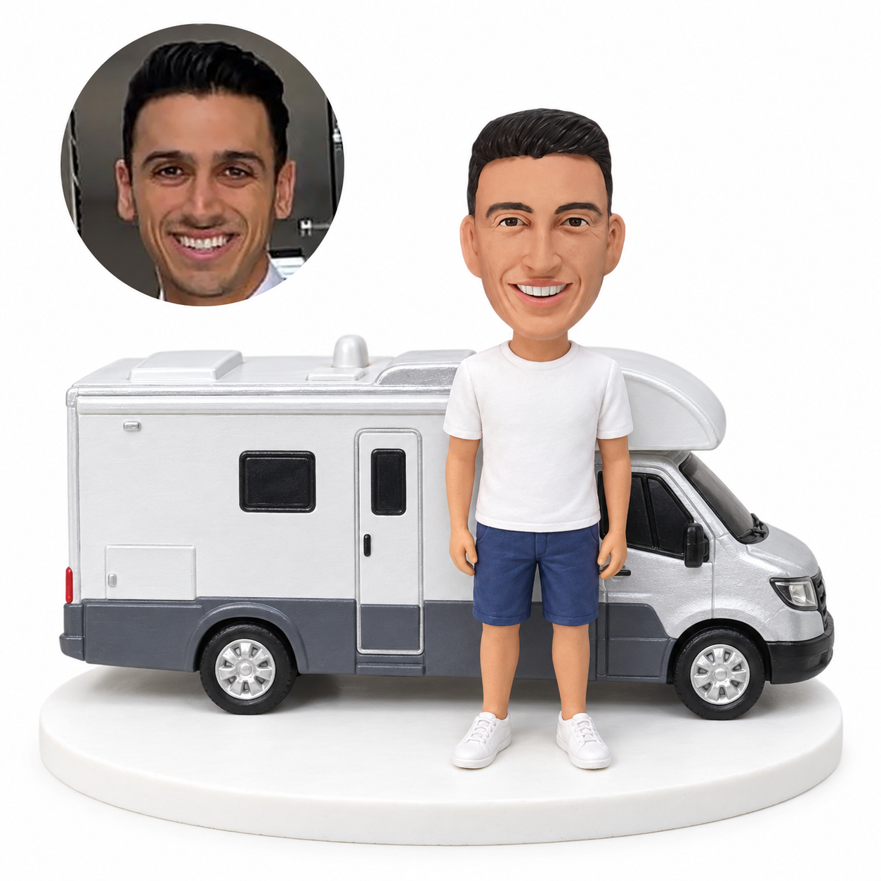 custom bobblehead figure male traveler standing beside a motorhome