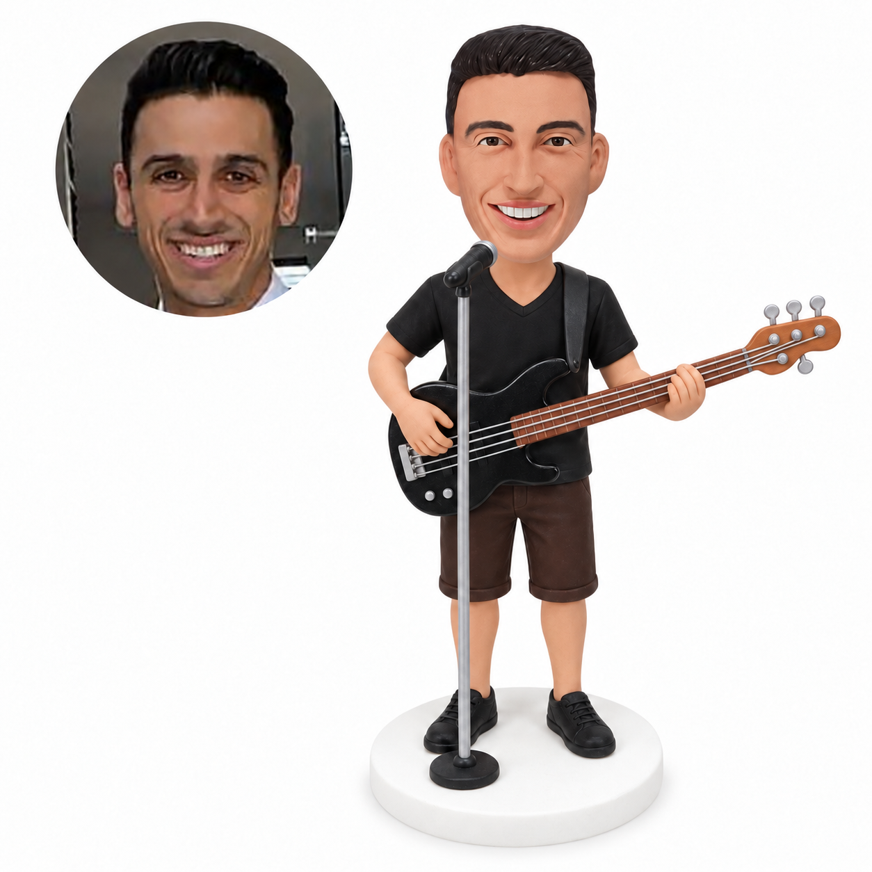 custom bobblehead figure male bass guitarist in shorts performing at a microphone stand