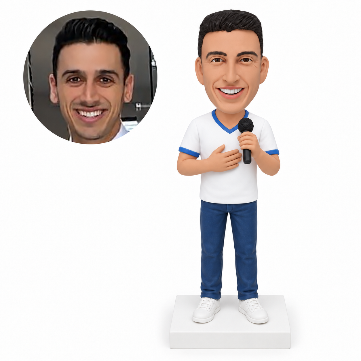 custom bobblehead figure male singer holding a microphone with one hand on his chest
