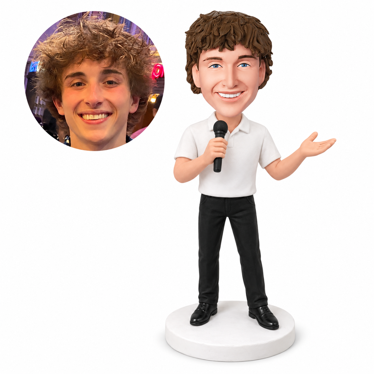 custom bobblehead figure male singer in a polo shirt holding a microphone with an open palm