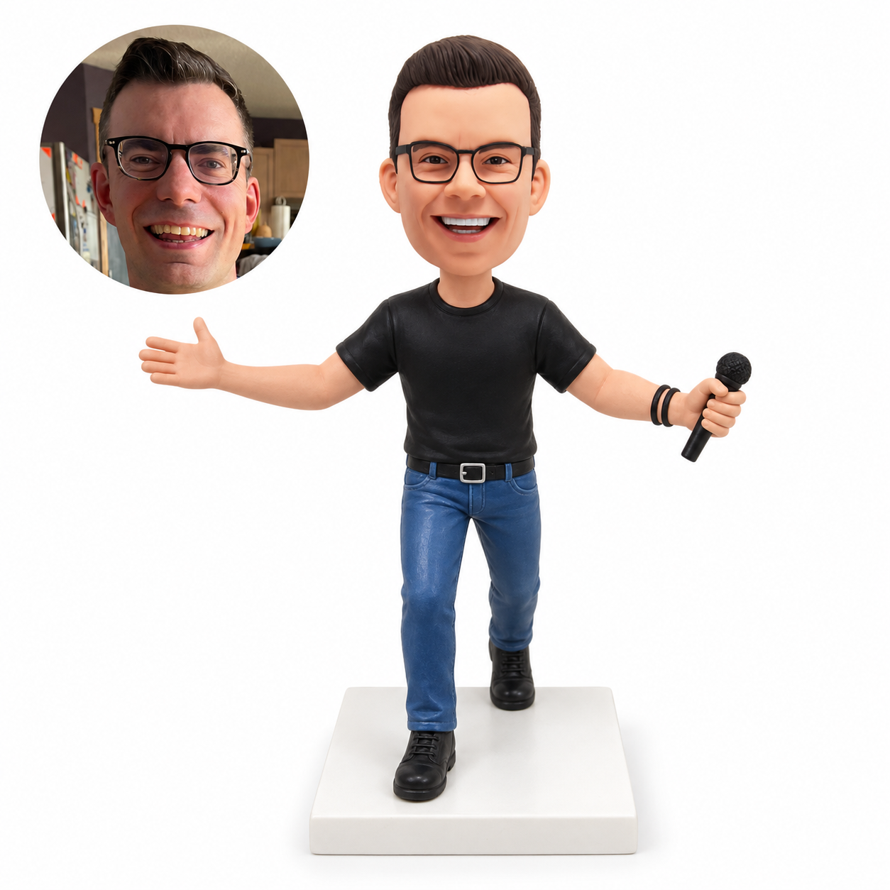 custom bobblehead figure male singer stepping forward with his arms outstretched