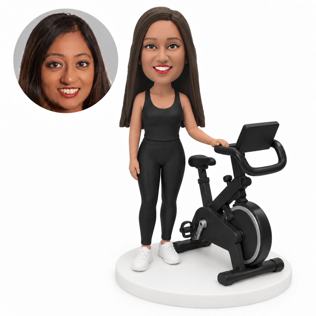 custom bobblehead figure fitness woman standing beside a stationary exercise bike