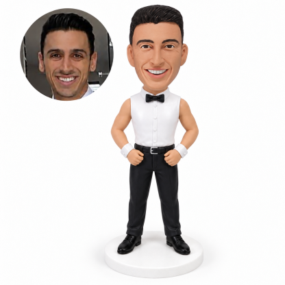 custom bobblehead figure male dancer in a sleeveless formal shirt with both hands at his waist