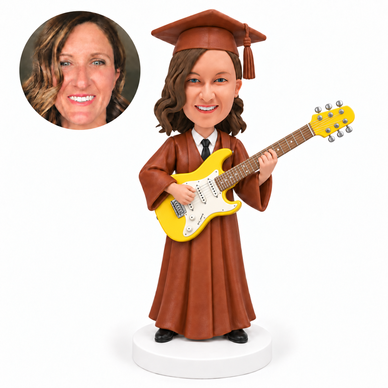 custom bobblehead figure female graduate in a gown playing an electric guitar