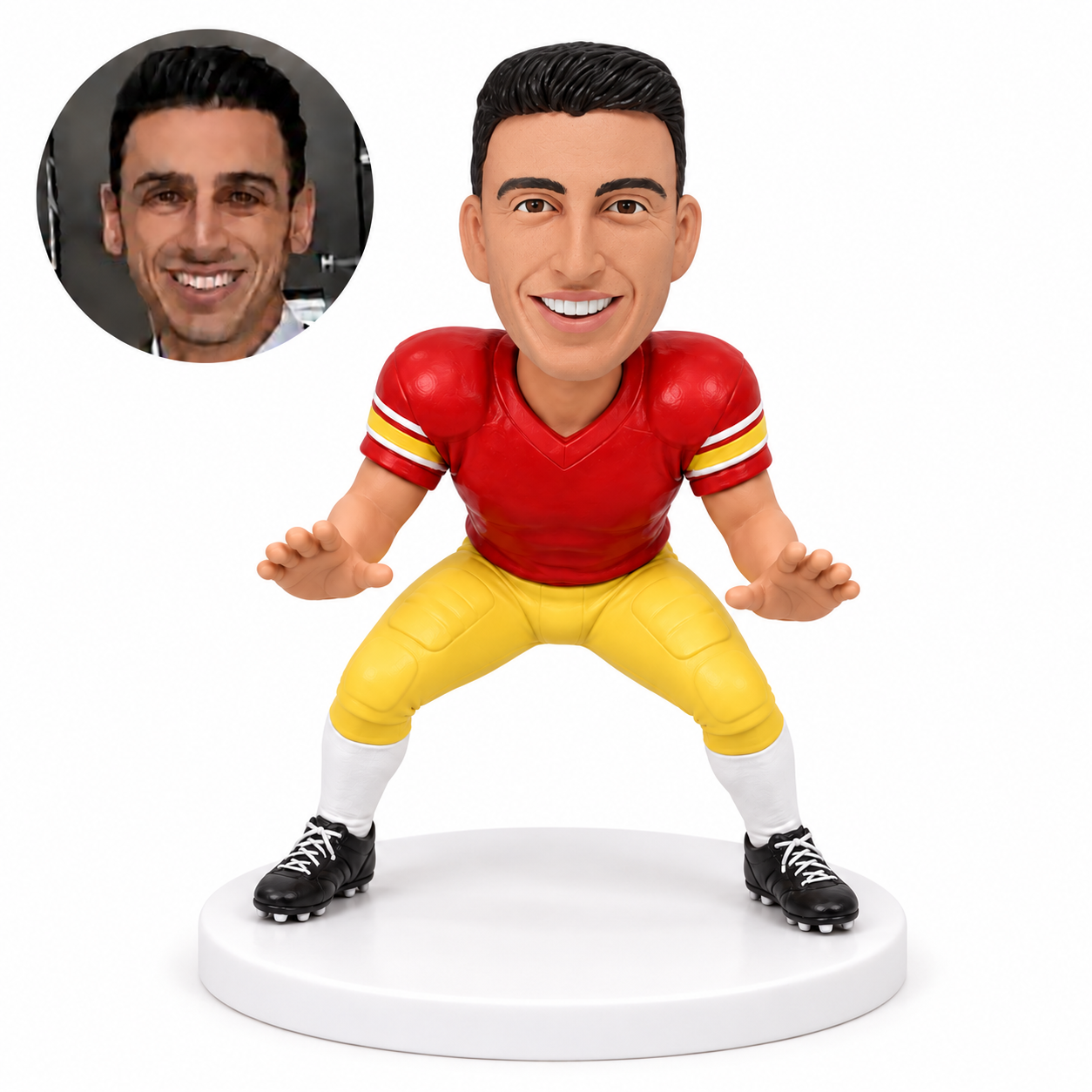 custom bobblehead figure male football defender crouching with both open hands in front