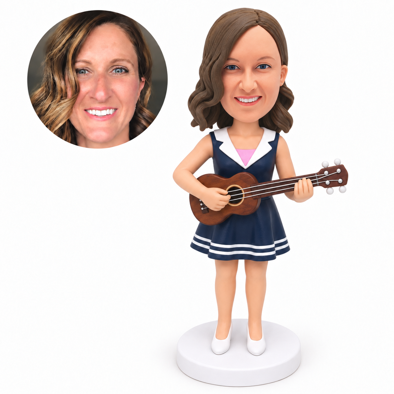 custom bobblehead figure woman in a sailor-collar dress playing a ukulele
