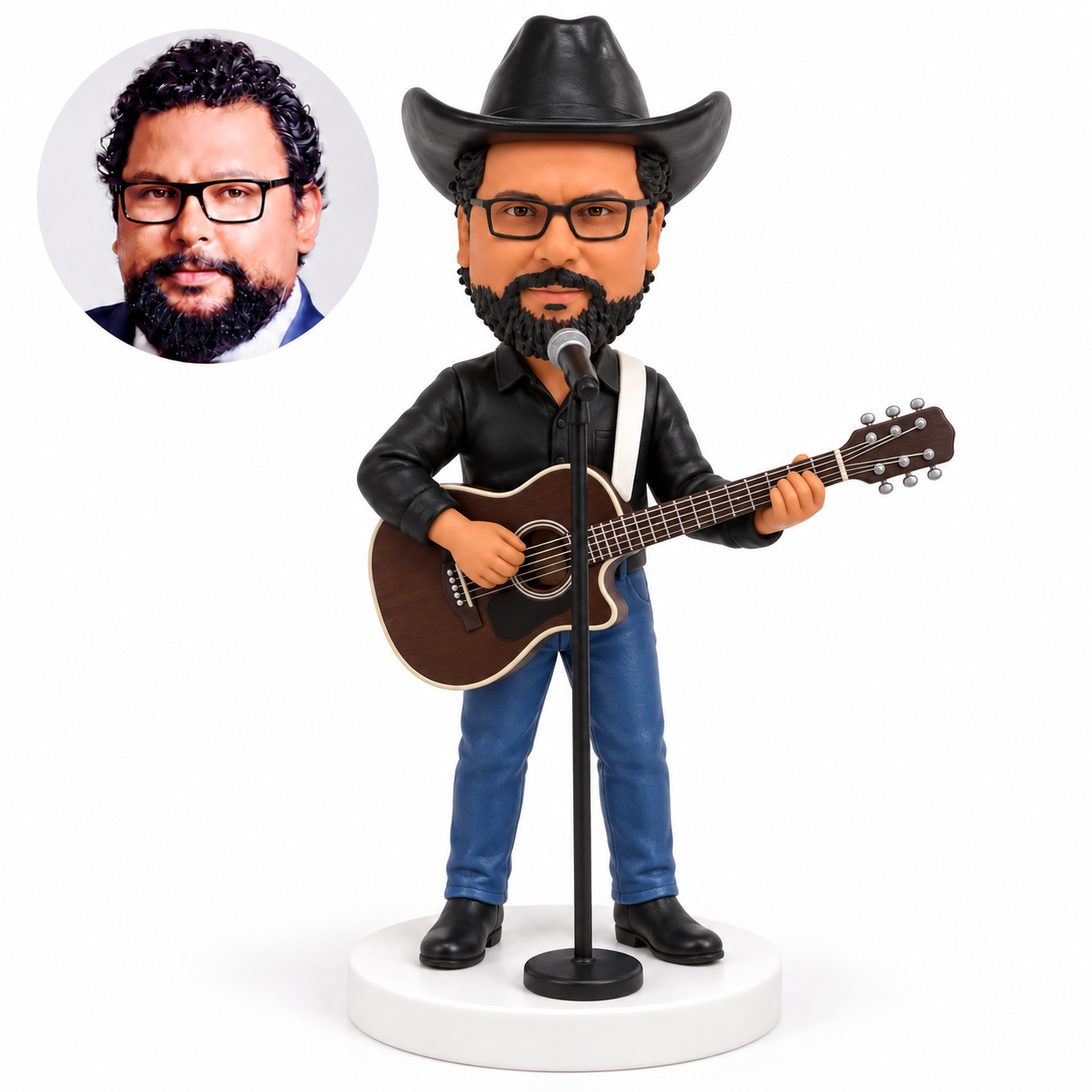 custom bobblehead figure male cowboy singer playing an acoustic guitar at a microphone stand