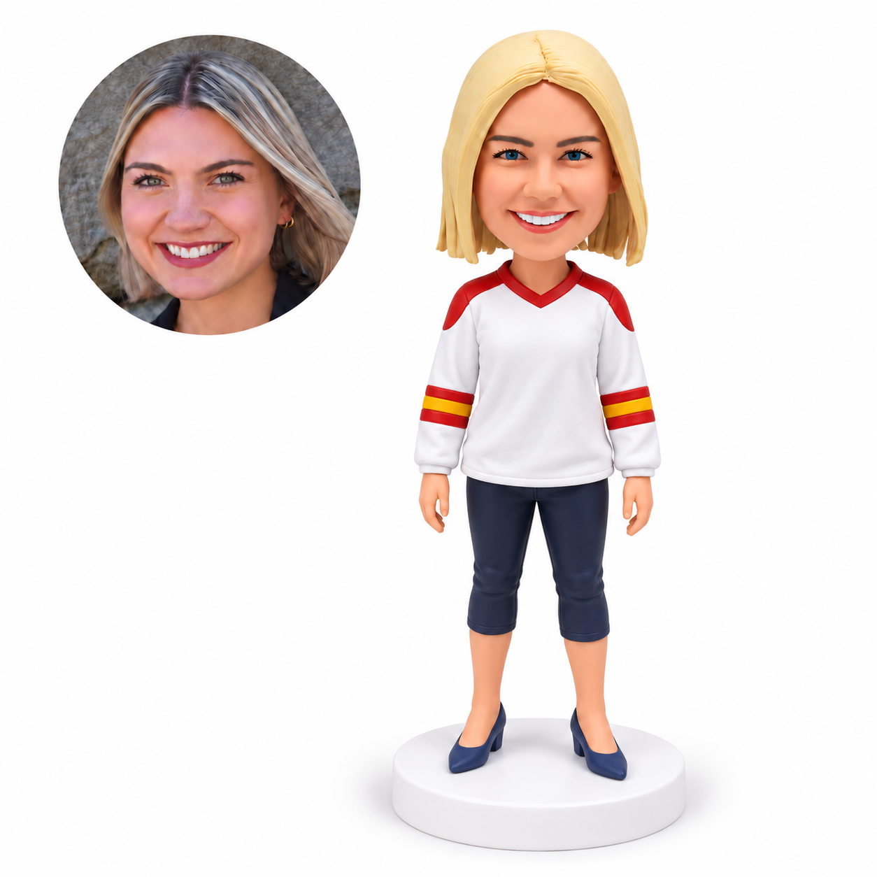 custom bobblehead figure woman in a hockey jersey and cropped trousers with arms down