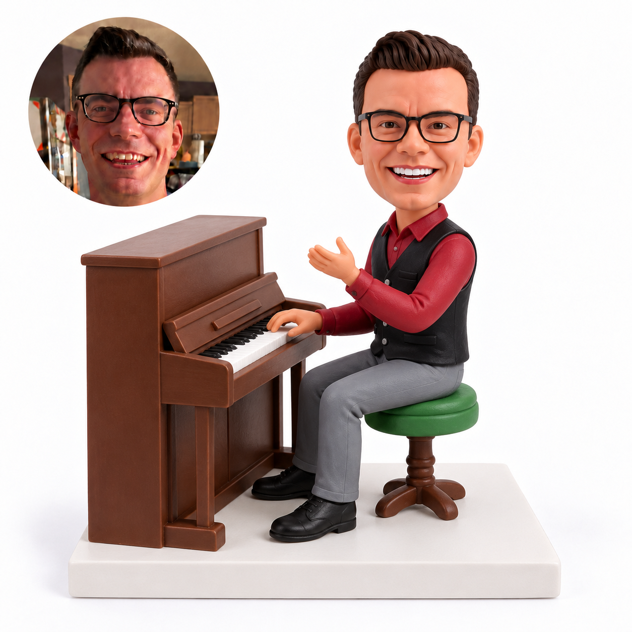 custom bobblehead figure male pianist at an upright piano with one hand on the keys