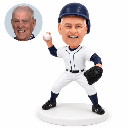 custom bobblehead figure male baseball pitcher in breeches with a raised ball and glove