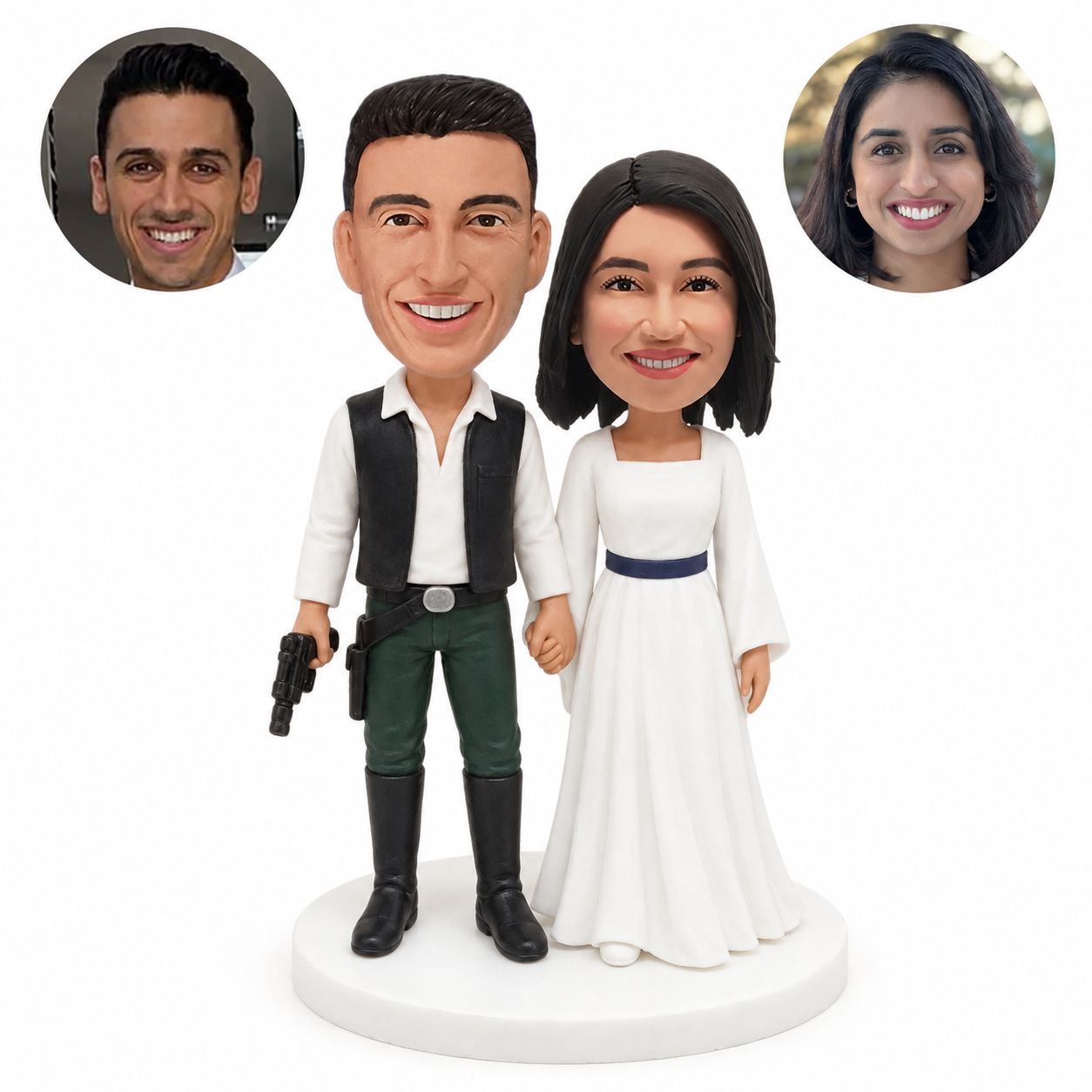 custom bobblehead figures space adventure couple holding hands with a miniature prop blaster