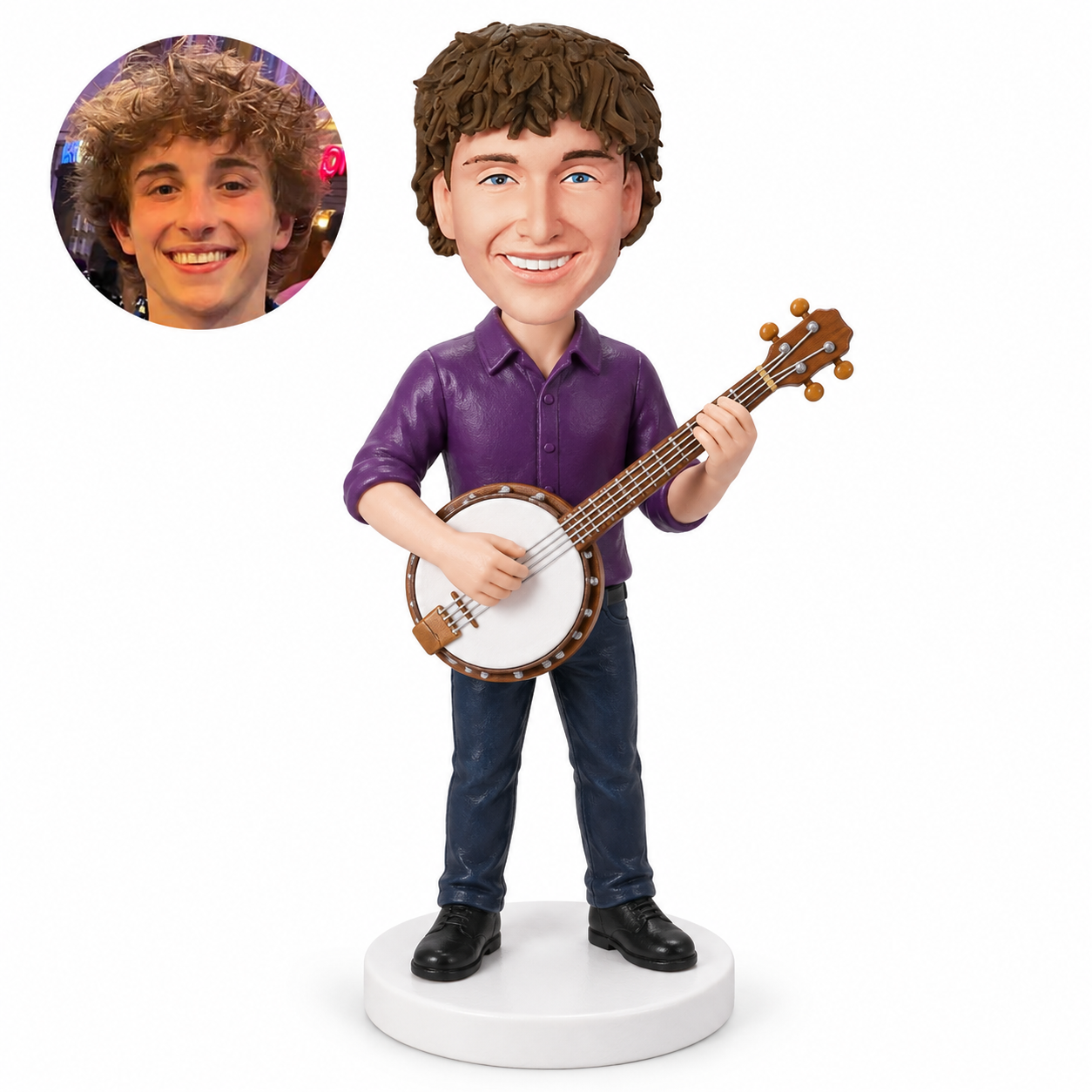 custom bobblehead figure man playing a round-bodied banjo