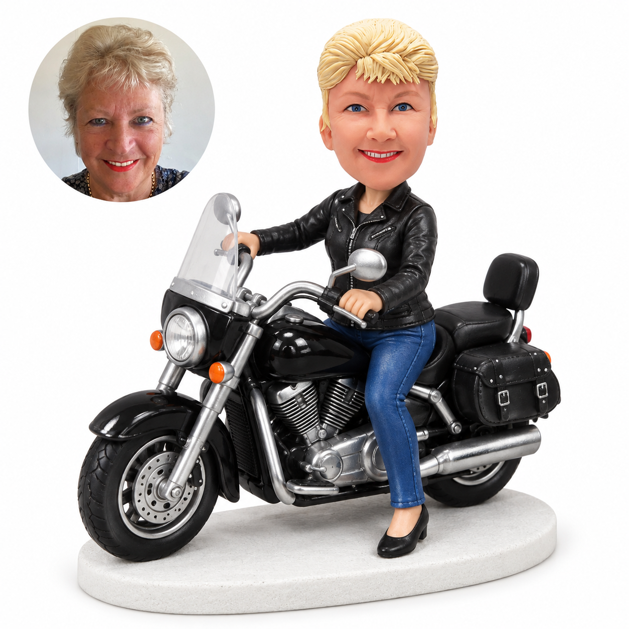 custom bobblehead figure female rider seated on a touring motorcycle