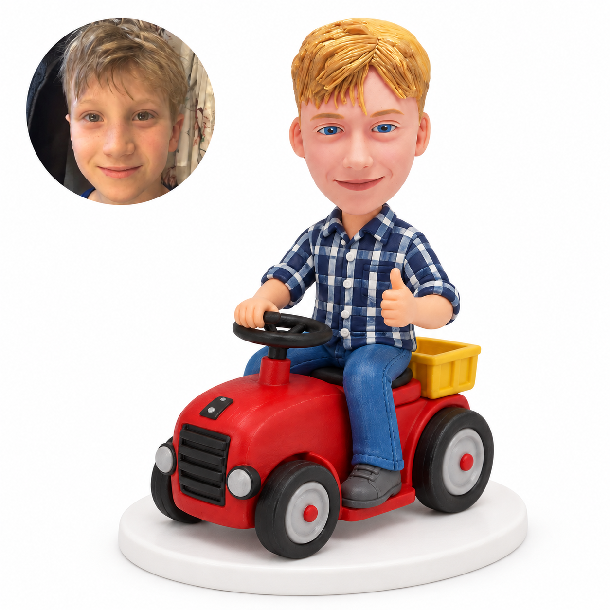 custom bobblehead figure boy riding a toy tractor with a rear cargo bin