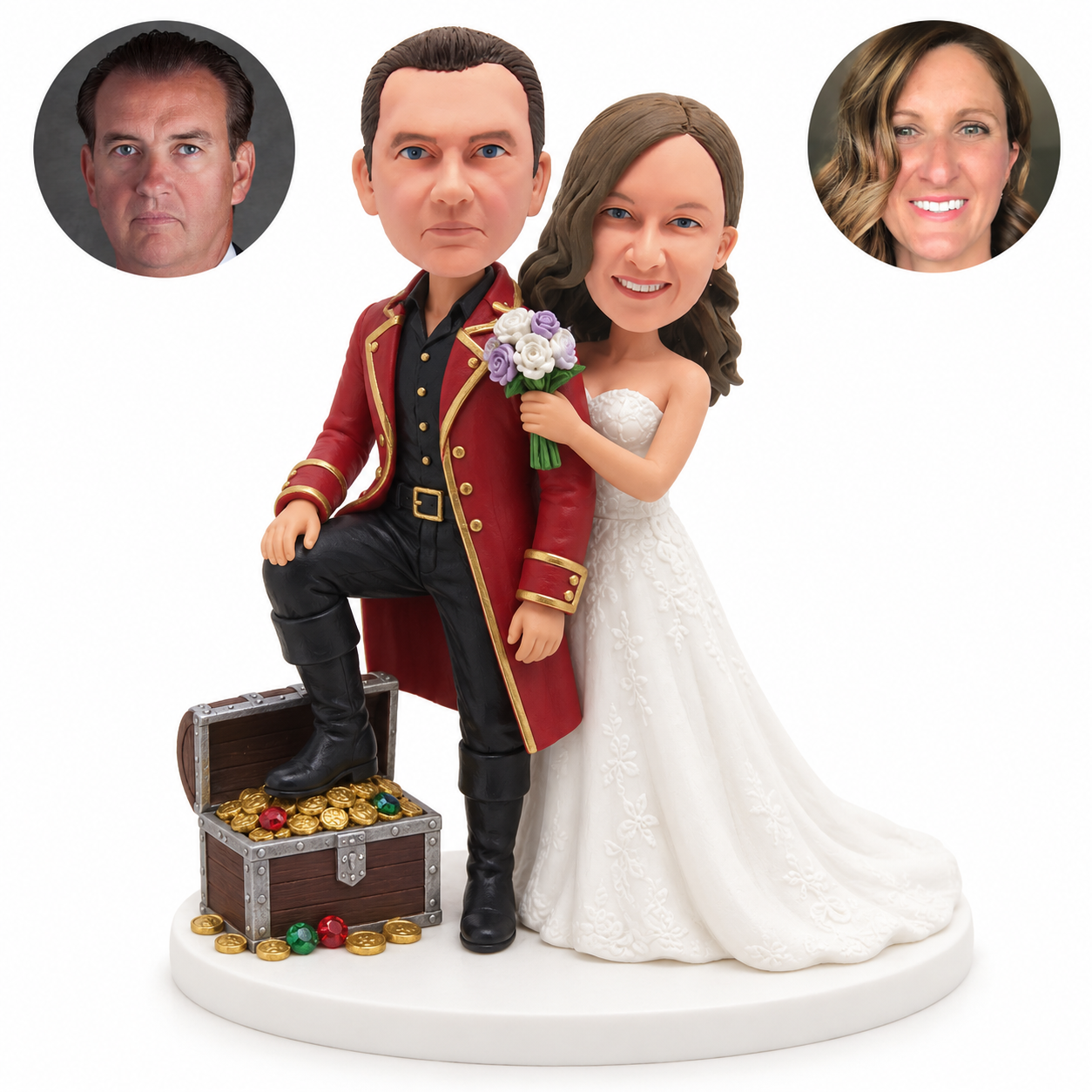 custom bobblehead figures pirate wedding couple with an open treasure chest