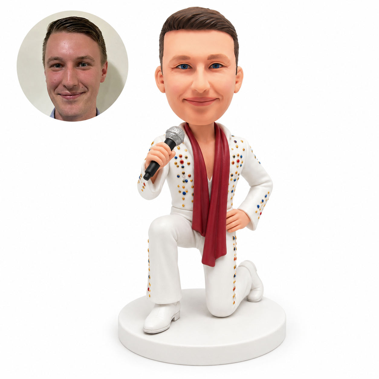 custom bobblehead figure stage singer kneeling in a white jumpsuit with a microphone