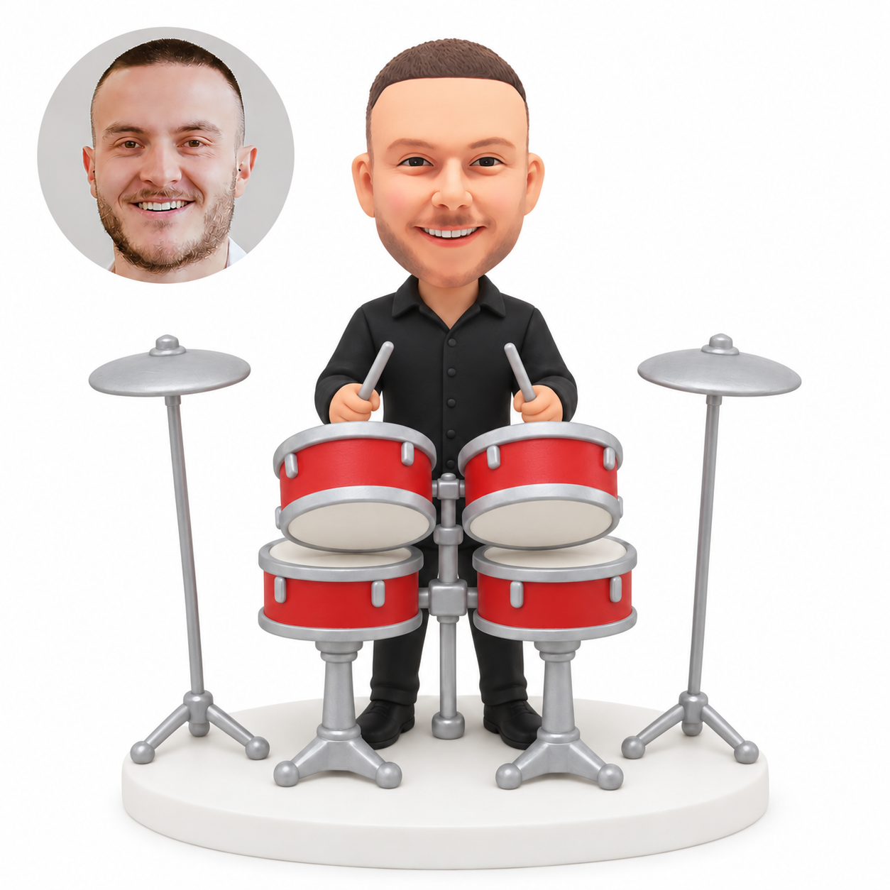 custom bobblehead figure male drummer in a collared shirt playing four tom drums with two cymbals
