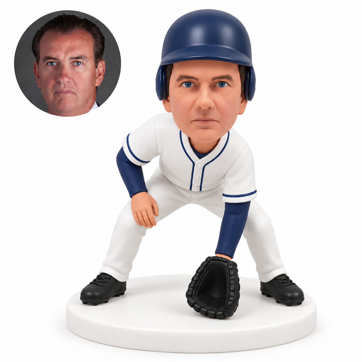 custom bobblehead figure male baseball fielder in a wide forward-bending stance with a glove near the ground