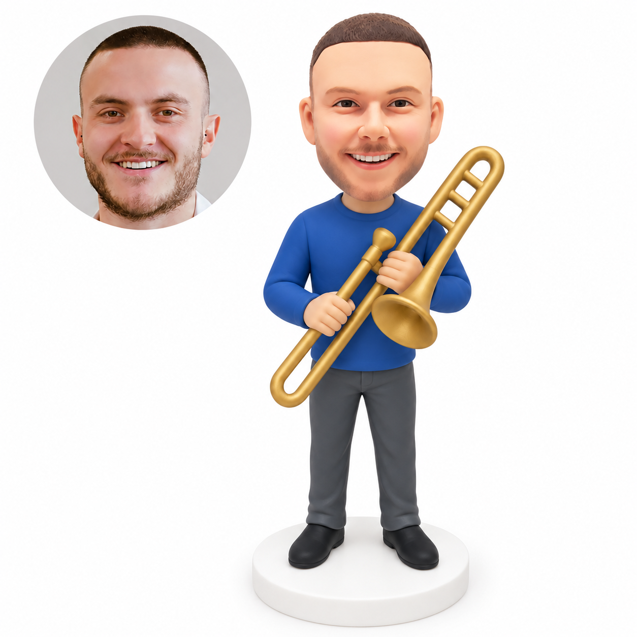 custom bobblehead figure man in a crew-neck top and trousers holding a trombone diagonally