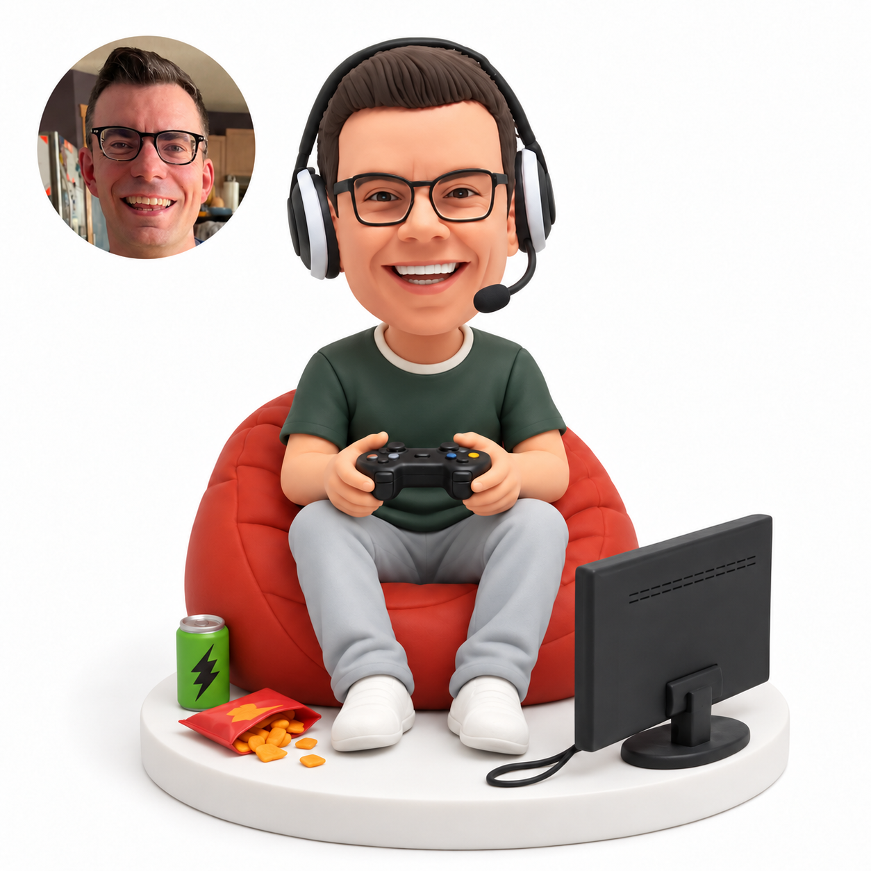 Gamer seated on a rust beanbag holding a controller, wearing a headset, with a freestanding screen and snack accessories.