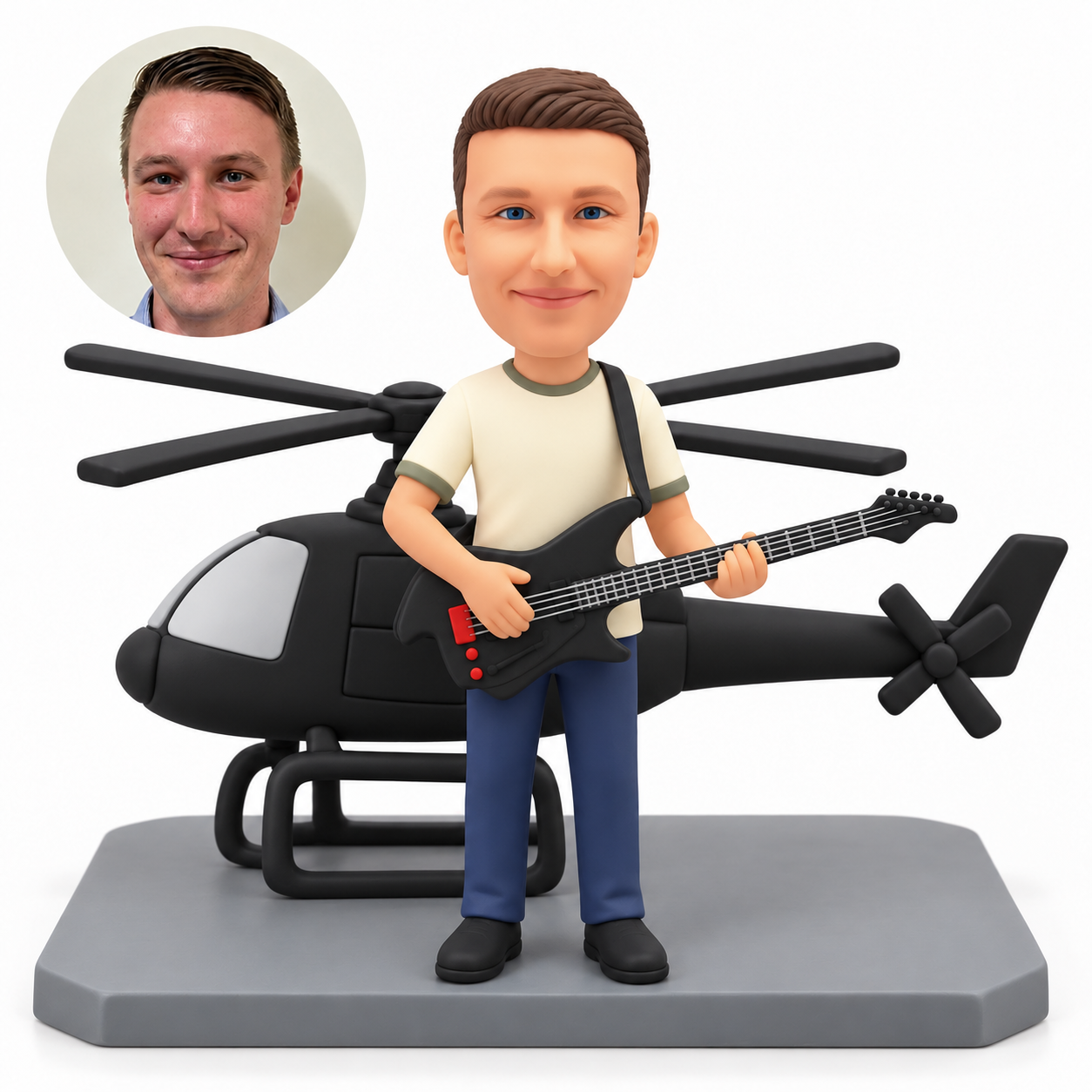 custom bobblehead figure male guitarist standing in front of a helicopter