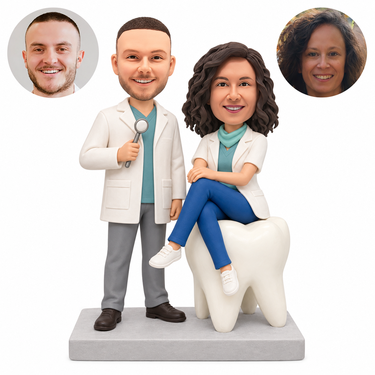 custom bobblehead figures dentist couple with woman seated cross-legged on a giant tooth