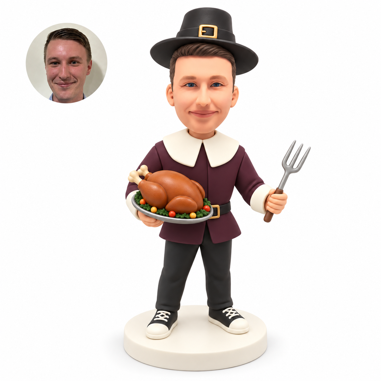 custom bobblehead figure male pilgrim carrying a roast turkey platter and a carving fork