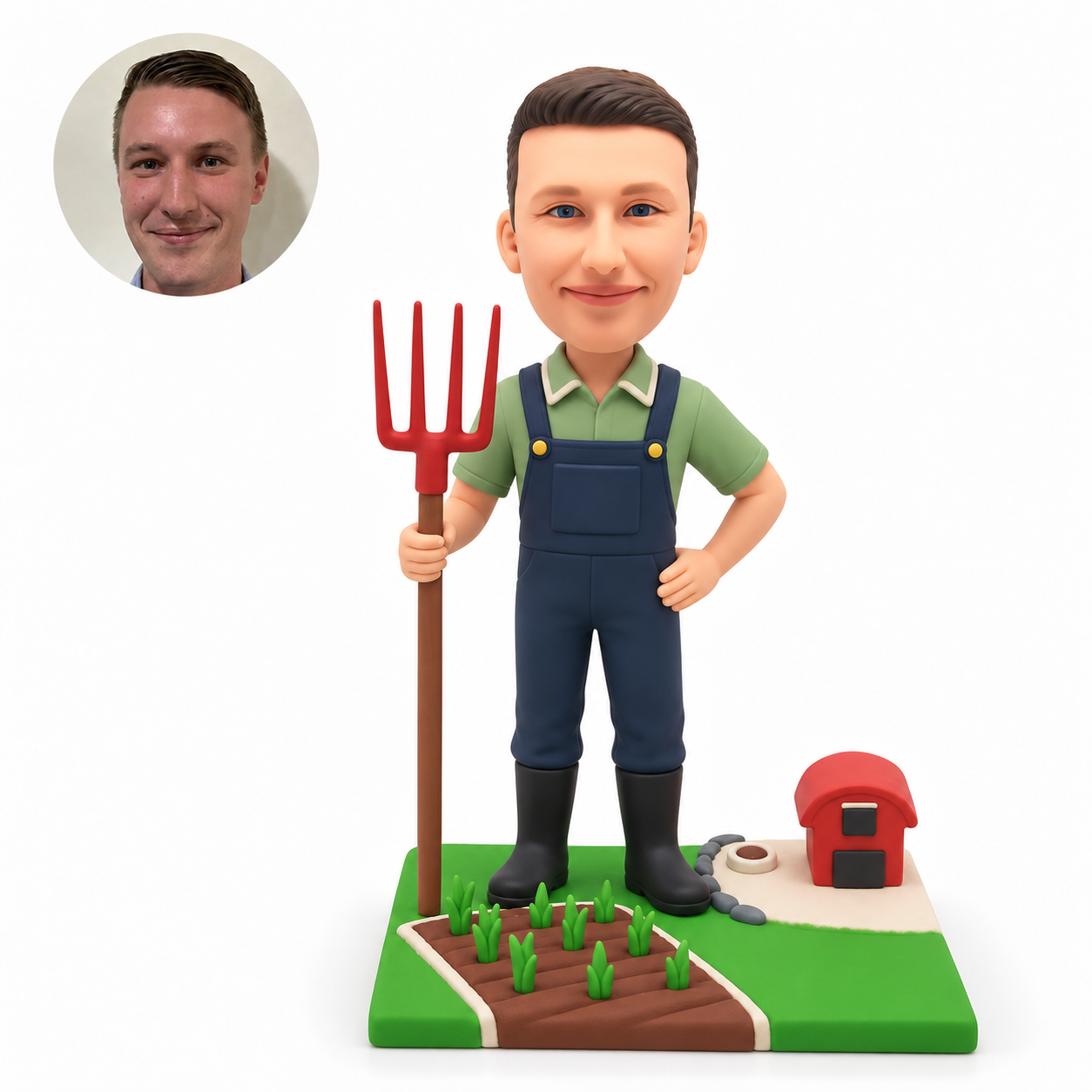 custom bobblehead figure male gardener holding a pitchfork beside a seedling bed