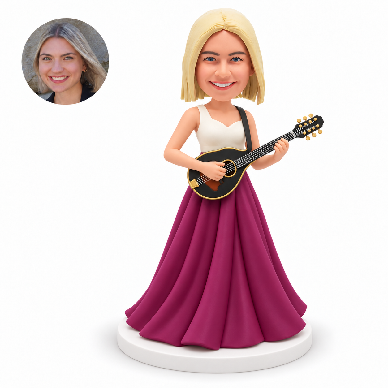 custom bobblehead figure woman in a long gown playing a mandolin