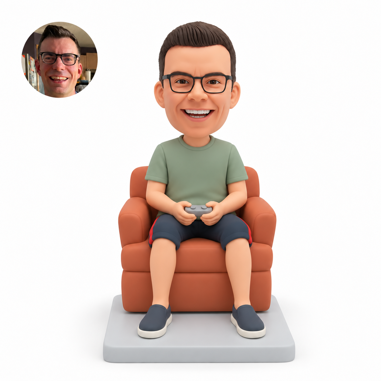 custom bobblehead figure male gamer seated in an armchair holding a controller with both hands